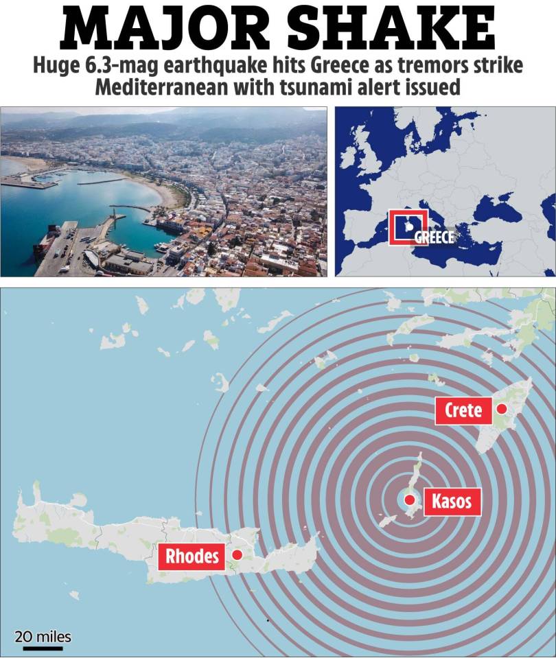 Ilustración de un terremoto de magnitud 6.3 en Grecia, que muestra su área de impacto y alerta de tsunami.