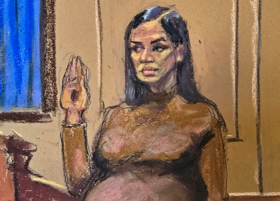 Bosquejo de la sala del tribunal de Cassie Ventura testificando.
