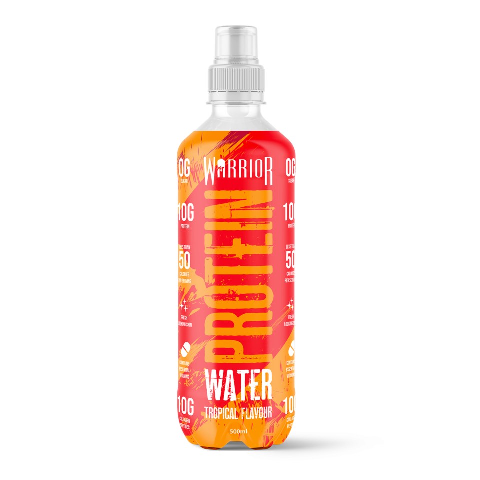 Botella de agua proteica guerrera, sabor tropical.