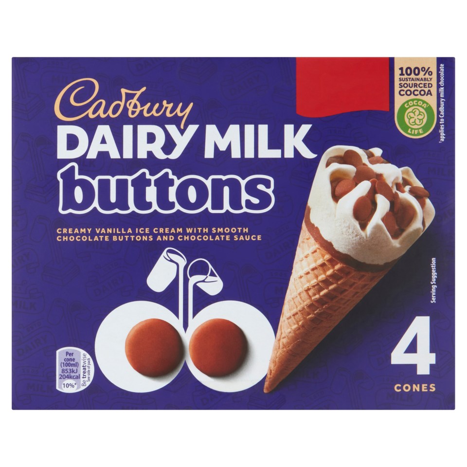 Cadbury lácteos botones de leche conos de helado, 4 conos por paquete.