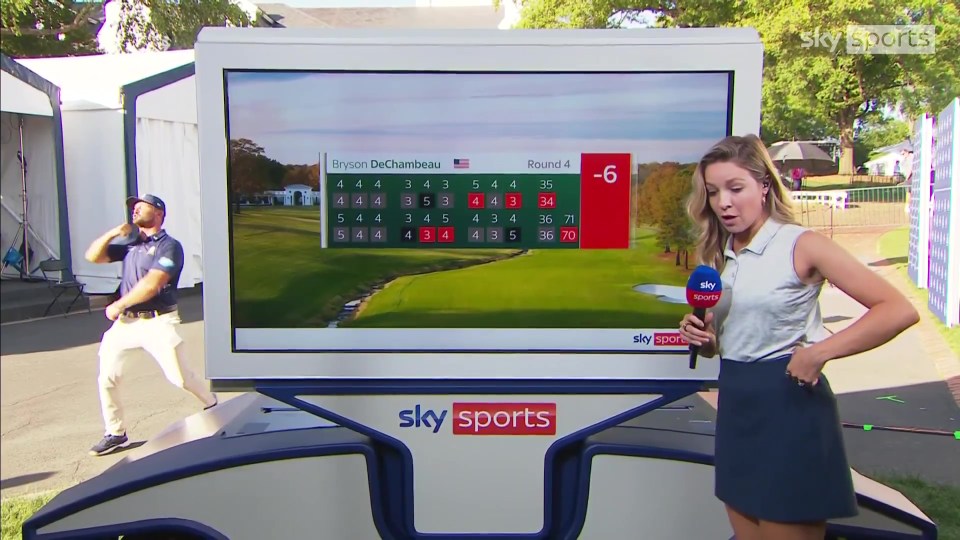 La tarjeta de puntuación de golf de Bryson Dechambeau se muestra en Sky Sports, con un reportero en primer plano.