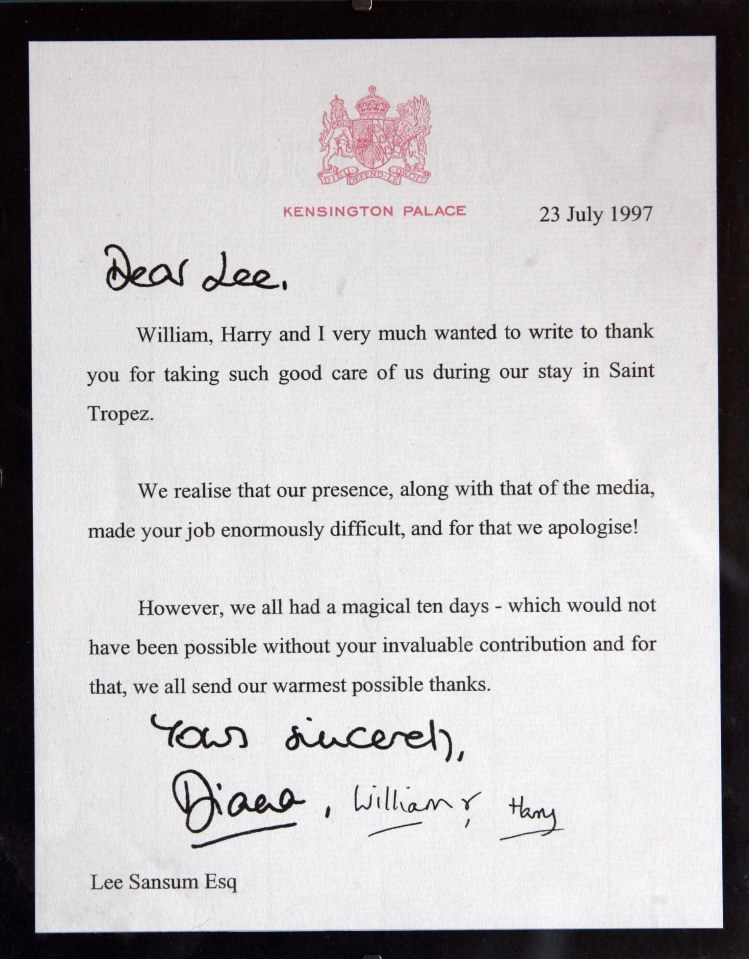 Gracias Carta de la Princesa Diana, el Príncipe William y el Príncipe Harry a su guardaespaldas.