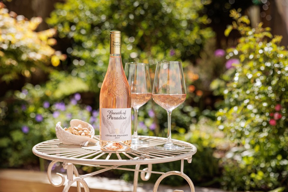 Bottle of Breath of Paradise Rosé Wine en una mesa al aire libre con dos copas de vino y pistachos.