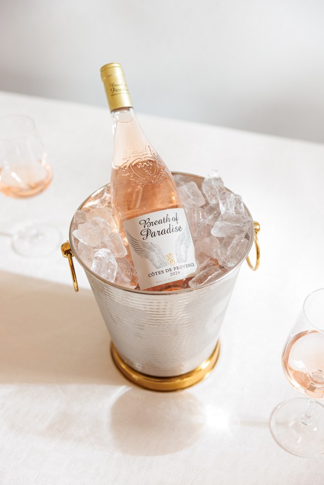 Botella de Breath of Paradise Rosé Vine en un cubo de hielo.