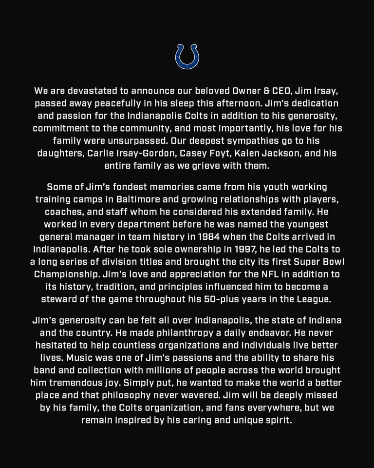 Anuncio del fallecimiento del propietario y CEO de Indianapolis Colts Jim Irsay.