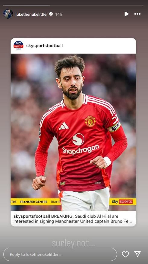 Captura de pantalla de una historia de Sky Sports Football News informando que el club saudí Al Hilal está interesado en firmar al Capitán del Manchester United Bruno Fernandes.