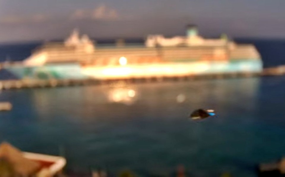 Video borroso de un objeto oscuro que pasa más allá de un crucero en el puerto.
