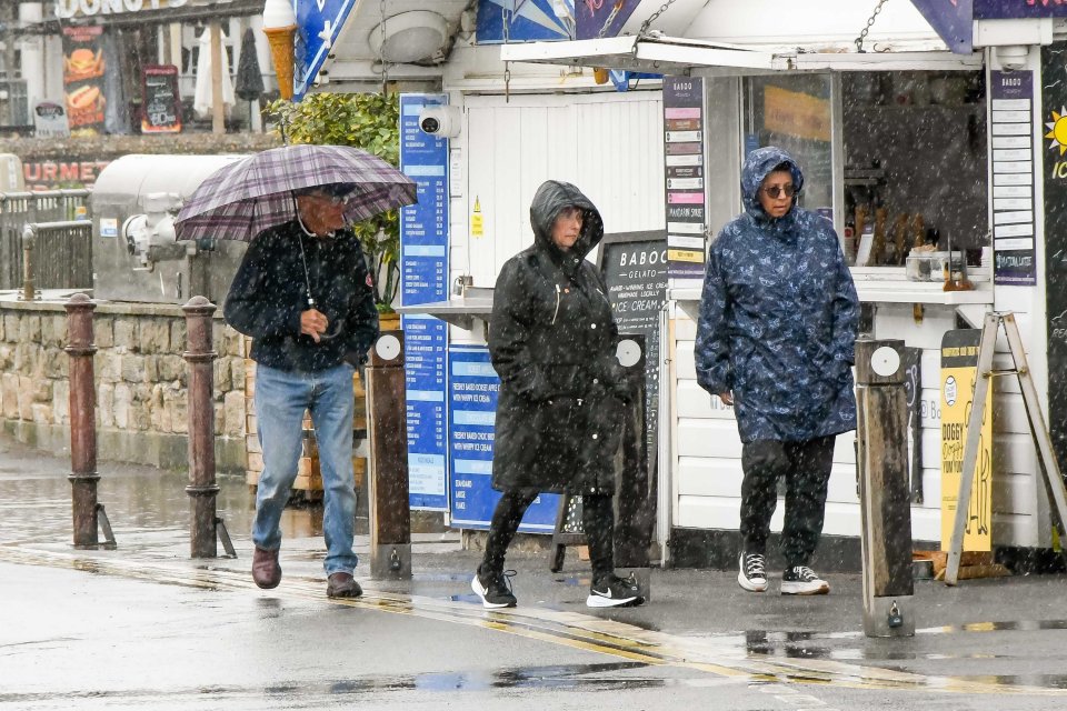 La gente que camina bajo la lluvia con chaquetas de lluvia y usa paraguas.