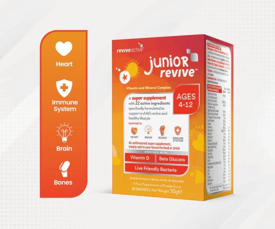 Junior Revive Vitamin y Mineral Supplement Box para las edades de 4 a 12 años.