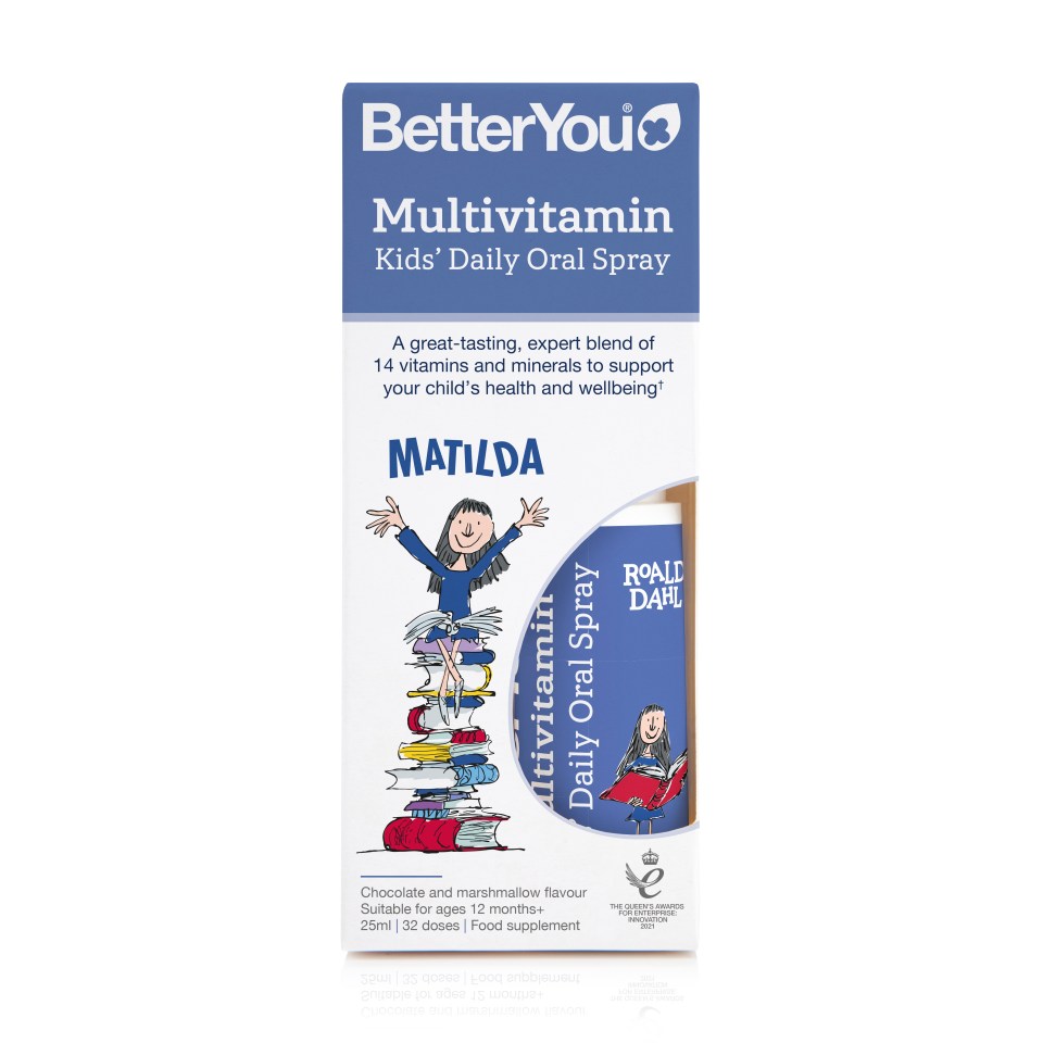 Embalaje para BetterYou Matilda Multivitamin Spray oral diario para niños.