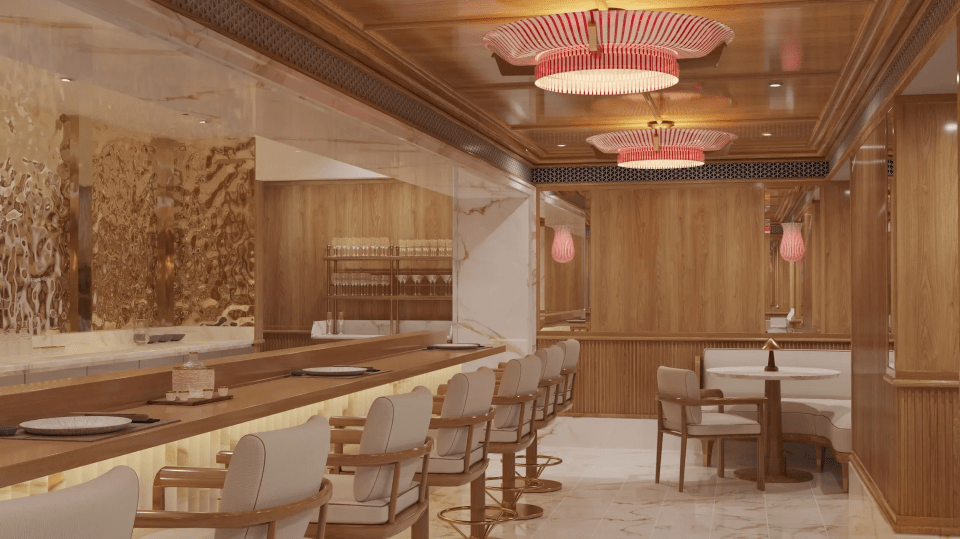 Ilustración de un interior de bar con un largo mostrador de madera, sillas beige y luces colgantes de rayas rojos y blancos.