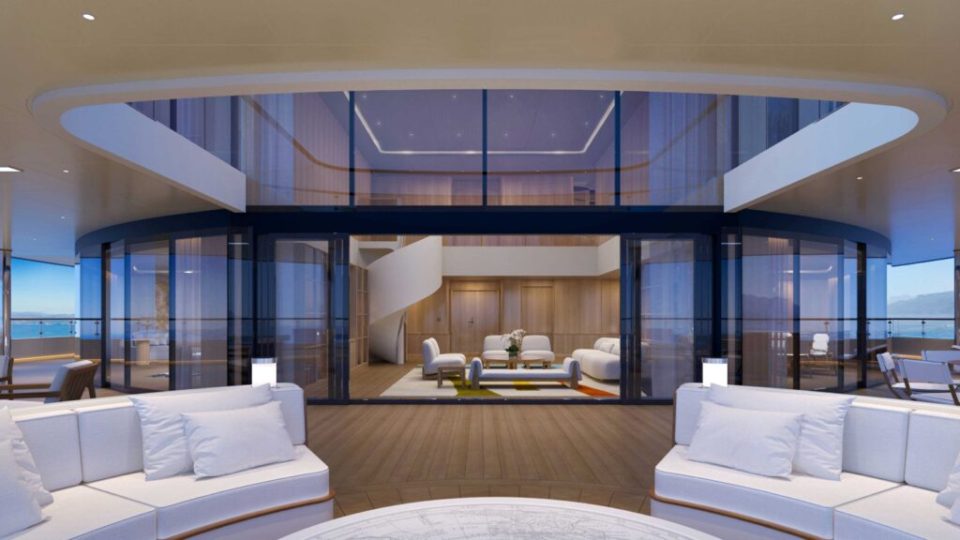 Ilustración del interior de un superyate de lujo, que muestra una terraza con puertas de asiento y vidrio que se abre a una sala de estar con una escalera de caracol.
