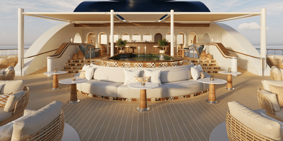 Ilustración de la cubierta de Superyatht de Four Seasons, con un área circular de asientos con una piscina y bar.