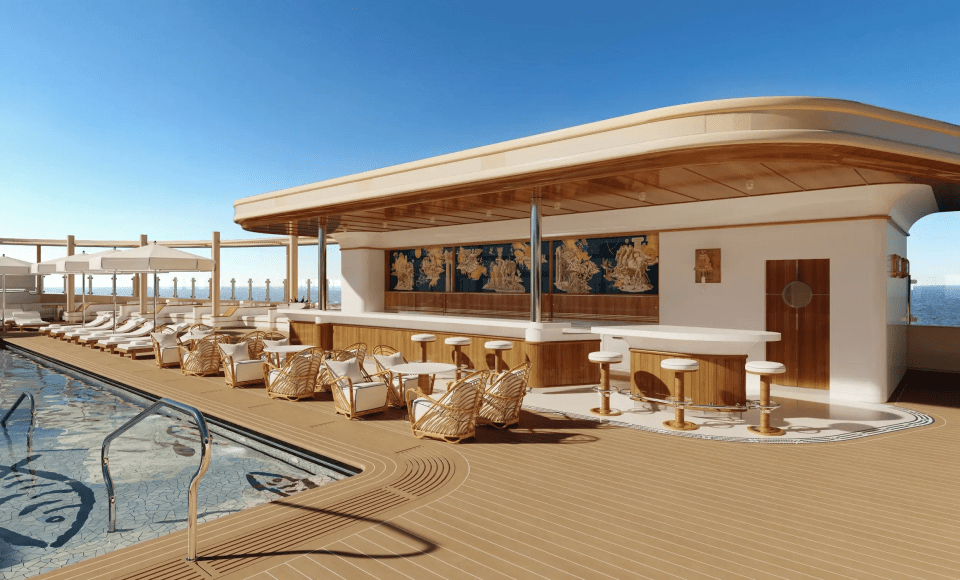 Ilustración de una cubierta de piscina de superyates con bar y asientos de salón.