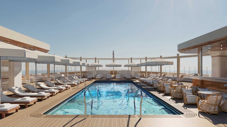 Ilustración de una piscina y sala de estar en un superyate de lujo.