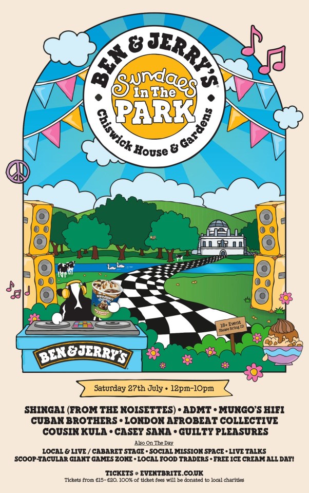 Ilustración de un póster del Festival Sundaes in the Park de Ben & Jerry's Sundaes.