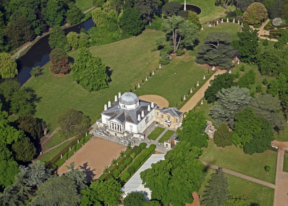 Vista aérea de Chiswick House y sus jardines.