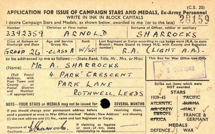 Formulario de solicitud para medallas del ejército británico de la Segunda Guerra Mundial.