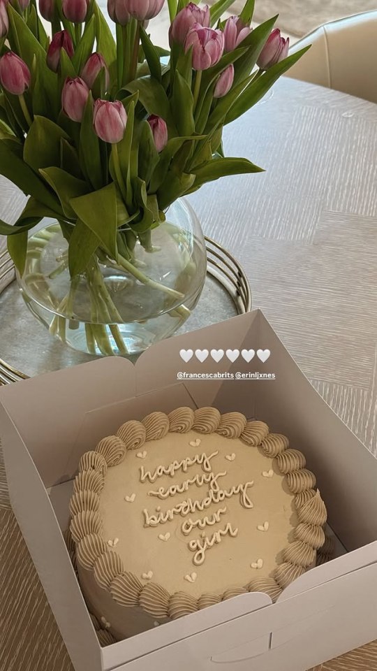 Pastel de cumpleaños con tulipanes en el fondo.