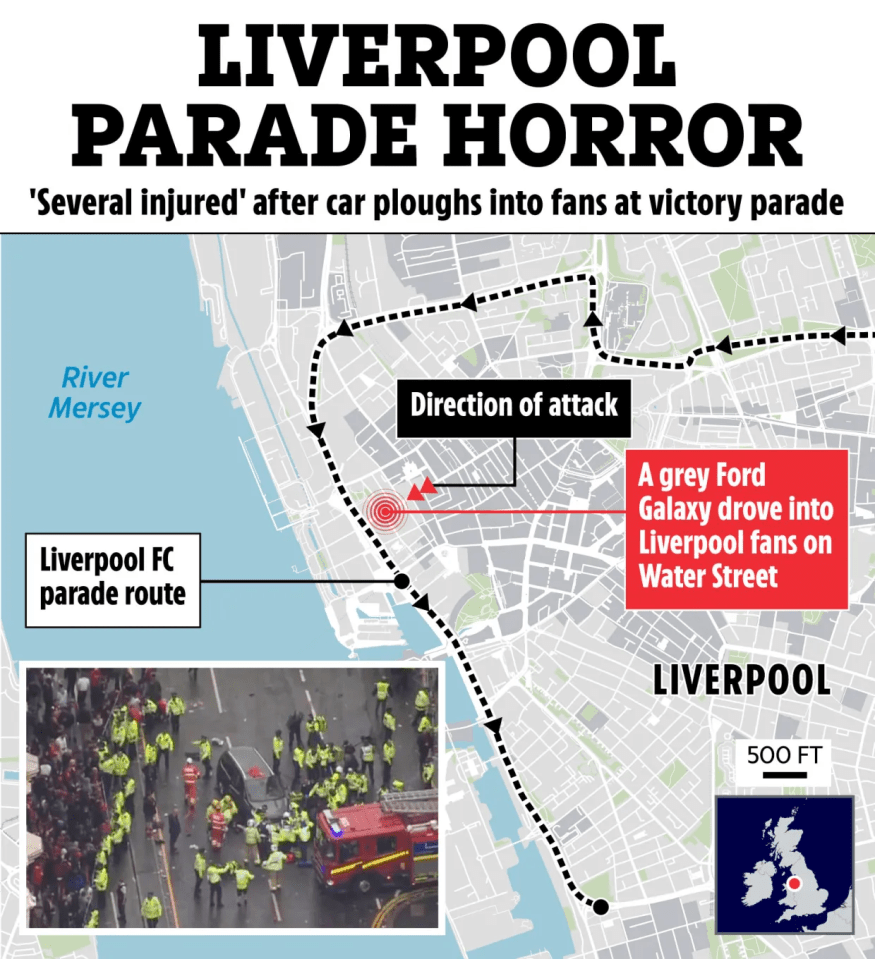 Mapa que muestra la ruta de un automóvil que condujo a los fanáticos del Liverpool en Water Street durante un desfile de la victoria, con una foto insertada del incidente.