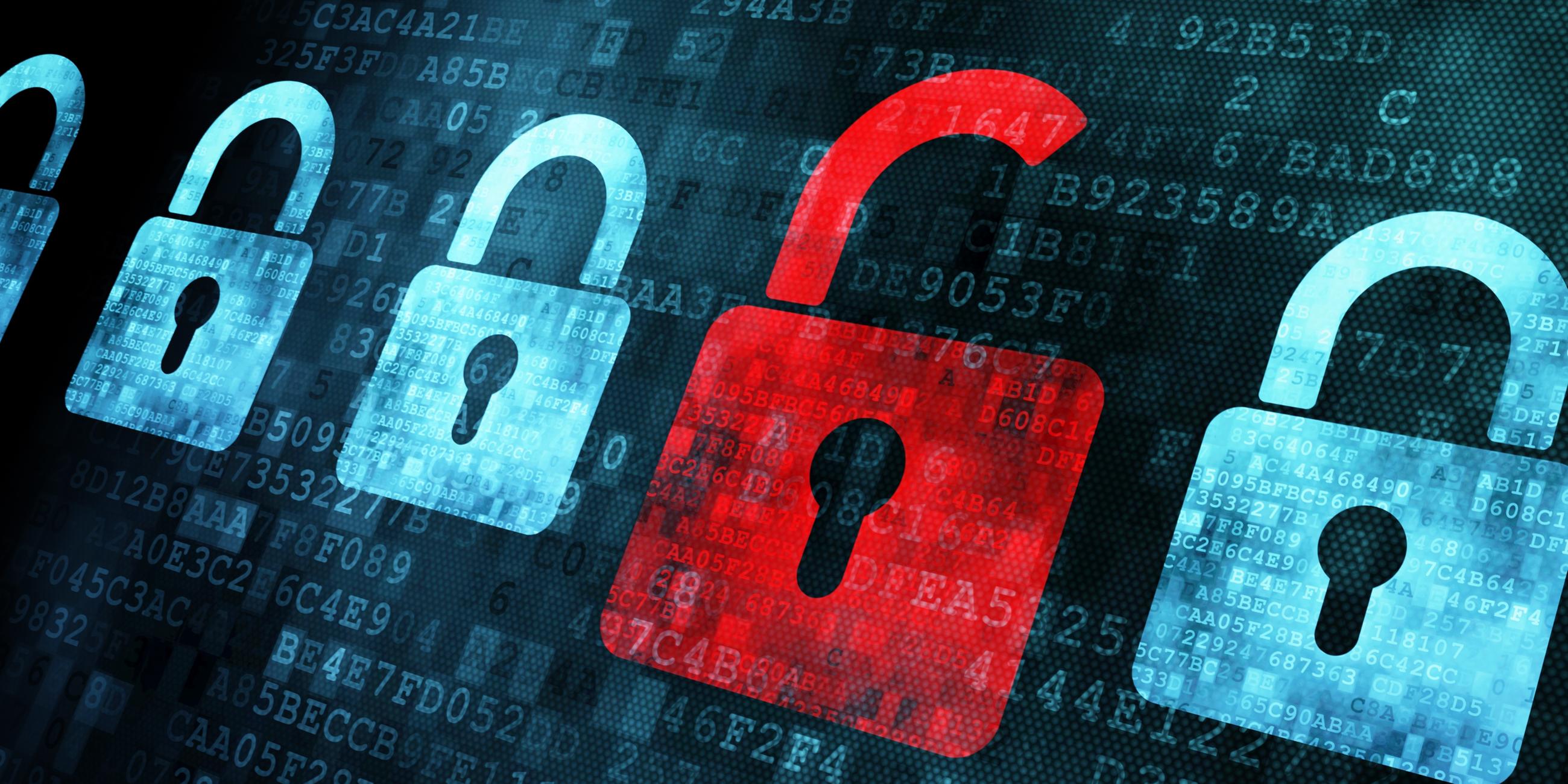 Una imagen de símbolos para la seguridad de los datos muestra símbolos para bloqueos en la pantalla de una computadora, uno de los cuales está abierto.