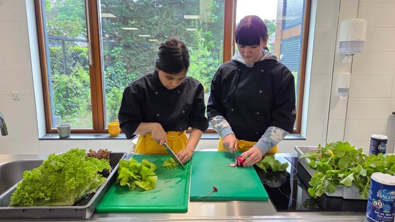 Los alumnos hacen las ensaladas para ellos mismos en la cantina de la escuela (Foto: Noël Van Hooft).