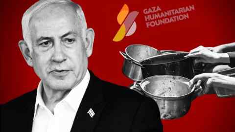 Primer Ministro israelí Benjamin Netanyahu, logotipo de la Fundación Humanitaria de Gaza y ollas y sartenes