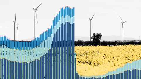Las turbinas eólicas utilizadas para generar electricidad se observan en Burgos, en el norte de España, el 29 de abril de 2025, el día después de un recorte de energía masivo que afecta a toda la península ibérica y al sur de Francia. La electricidad fue restaurada a casi todo España y Portugal el 29 de abril de la mañana