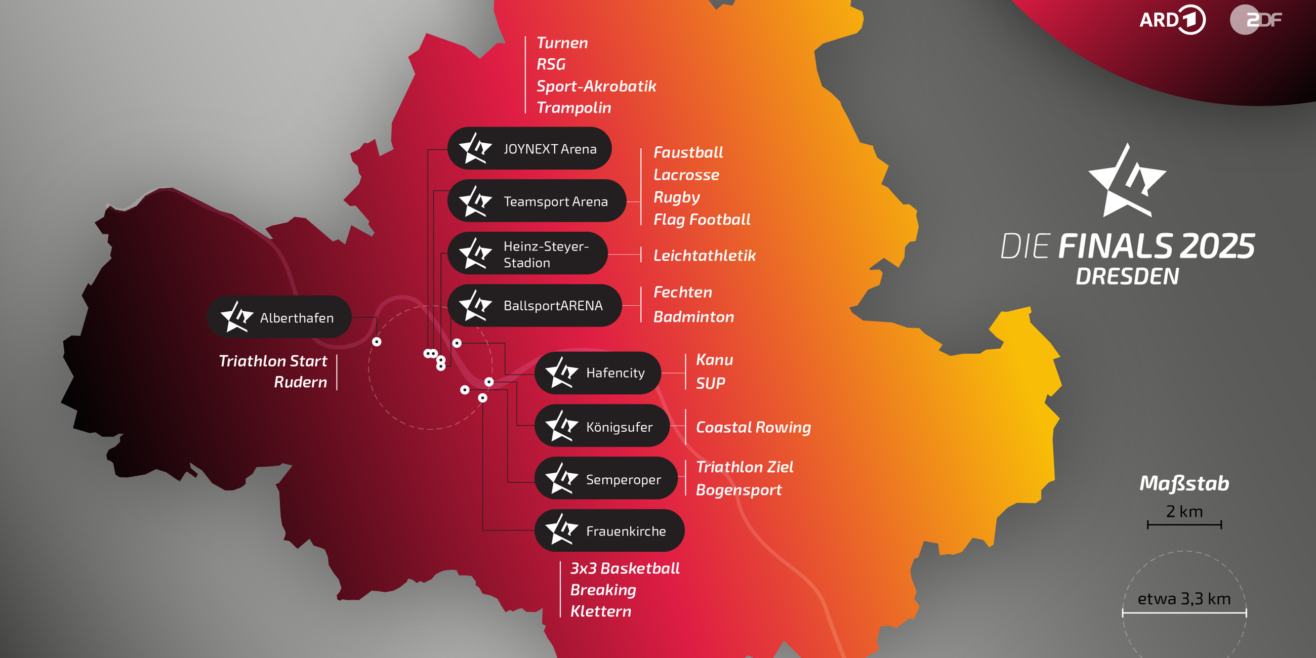 Mapa de las instalaciones deportivas de las Finales de 2025 en Dresde