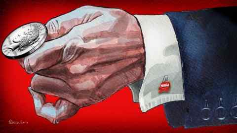 Ilustración de James Ferguson de una mano, con un gemelo de Maga, a punto de voltear un dólar plateado