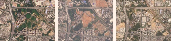 Las imágenes muestran un sitio de campo verde, trabajos de construcción y luego un sitio de fábrica completado