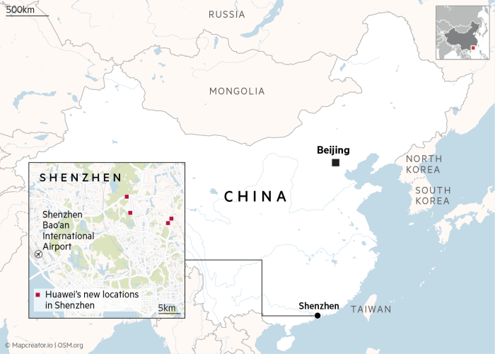 Mapa que muestra ubicaciones de nuevas instalaciones de Huawei en Shenzhen, China