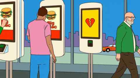 Una ilustración estilizada que muestra a las personas que interactúan con los quioscos de autoerdeo. Una pantalla muestra un anuncio 'Big Mac', mientras que otra muestra un ícono del corazón roto