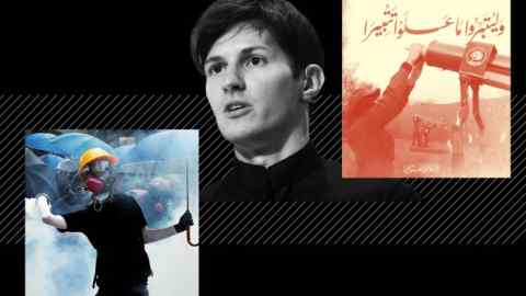 Montaje de imágenes de Pavel Durov, un manifestante de Hong Kond con un paraguas y una captura de pantalla de un canal de Hamas