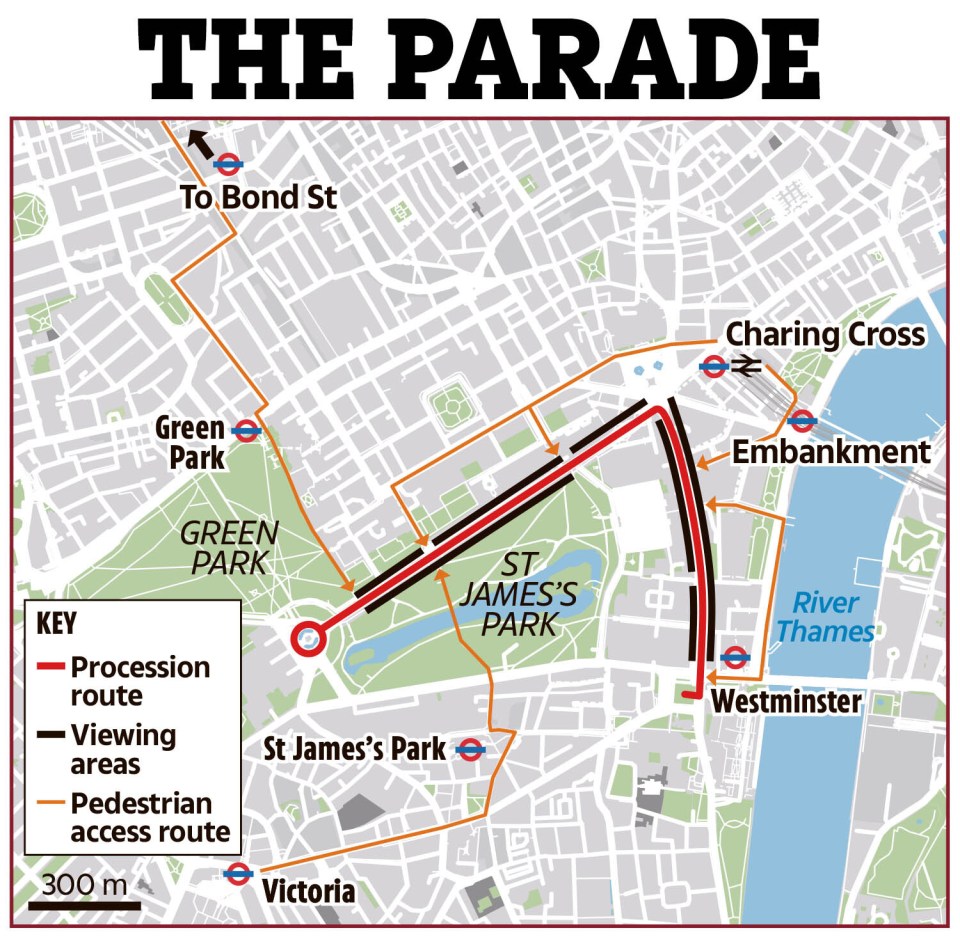 Mapa de la ruta del desfile a través de los parques de Londres.