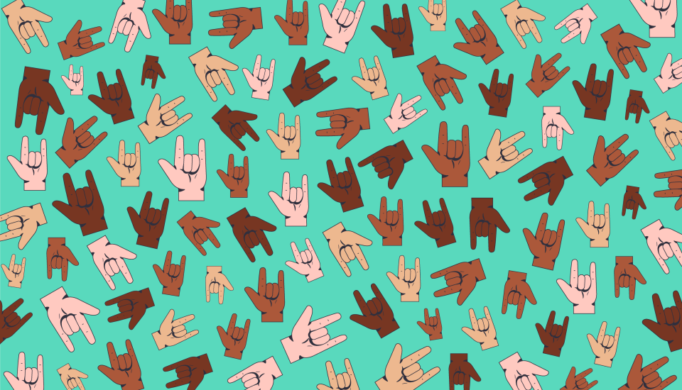 Ilustración de muchas manos formando el "Te amo" Gesto de la mano en lenguaje de señas.