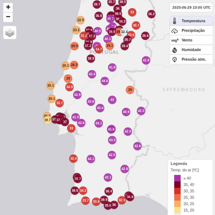 Mapa de temperaturas publicado por el Instituto Portugués del Mar y la Atmósfera (IPMA) para el domingo 29 de junio.