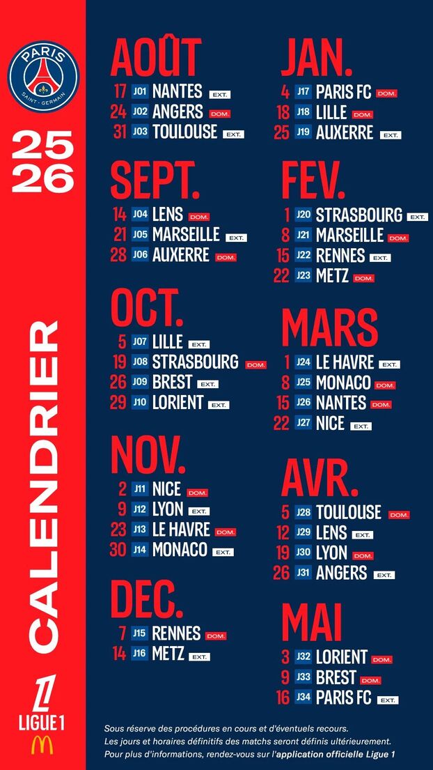 PSG: el calendario completo de la temporada 2025-2026 de la