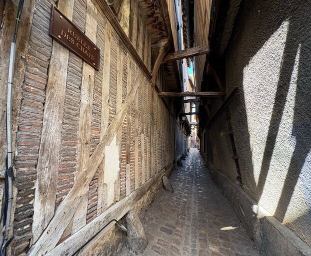 Les maisons à pans de bois de la ruelle des chats s'élargissent d'étage en étage.
