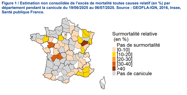 Mapa de las muertes en exceso por departamentos durante el período del 19 de junio al 6 de julio de 2025 en Francia.