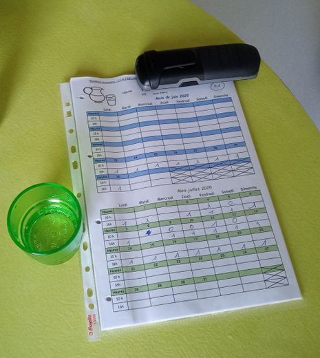 Fichas de hidratación para cada residente.