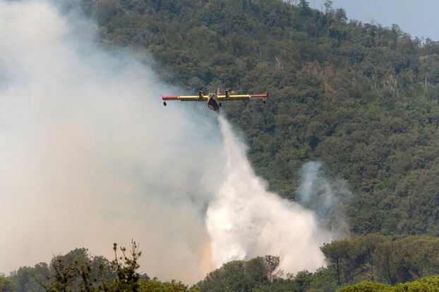 Un avion Canadair CL-415 largue de l'eau sur un incendie de forêt dans le parc national du Vésuve.