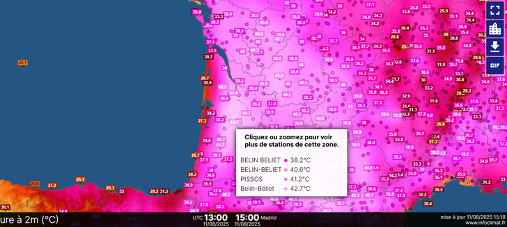 Registro de 42.7 °C en Belin-Béliet.