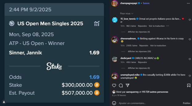 US Open: Drake apuesta 300,000 dólares a que el número