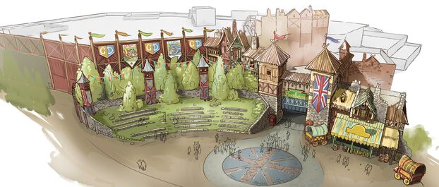 Côté lac, les tours médiévales actuelles seront remplacées par les tours droites de Londinium, prolongées par la façade d’un stade de rugby. (Vue d'artiste) Parc Astérix