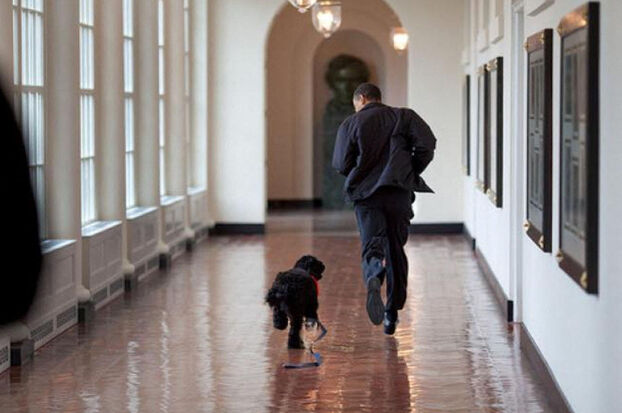 Barack Obama corriendo con su perro en los pasillos de la Aile Est