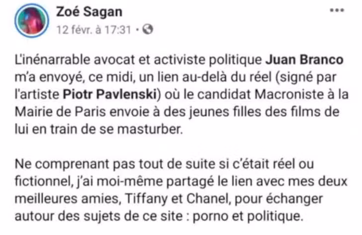 Capture d’écran d’un message de Zoé Sagan sur Facebook (aujourd’hui supprimé) qui a participé à la propagation en ligne des vidéos intimes de Benjamin Griveaux.