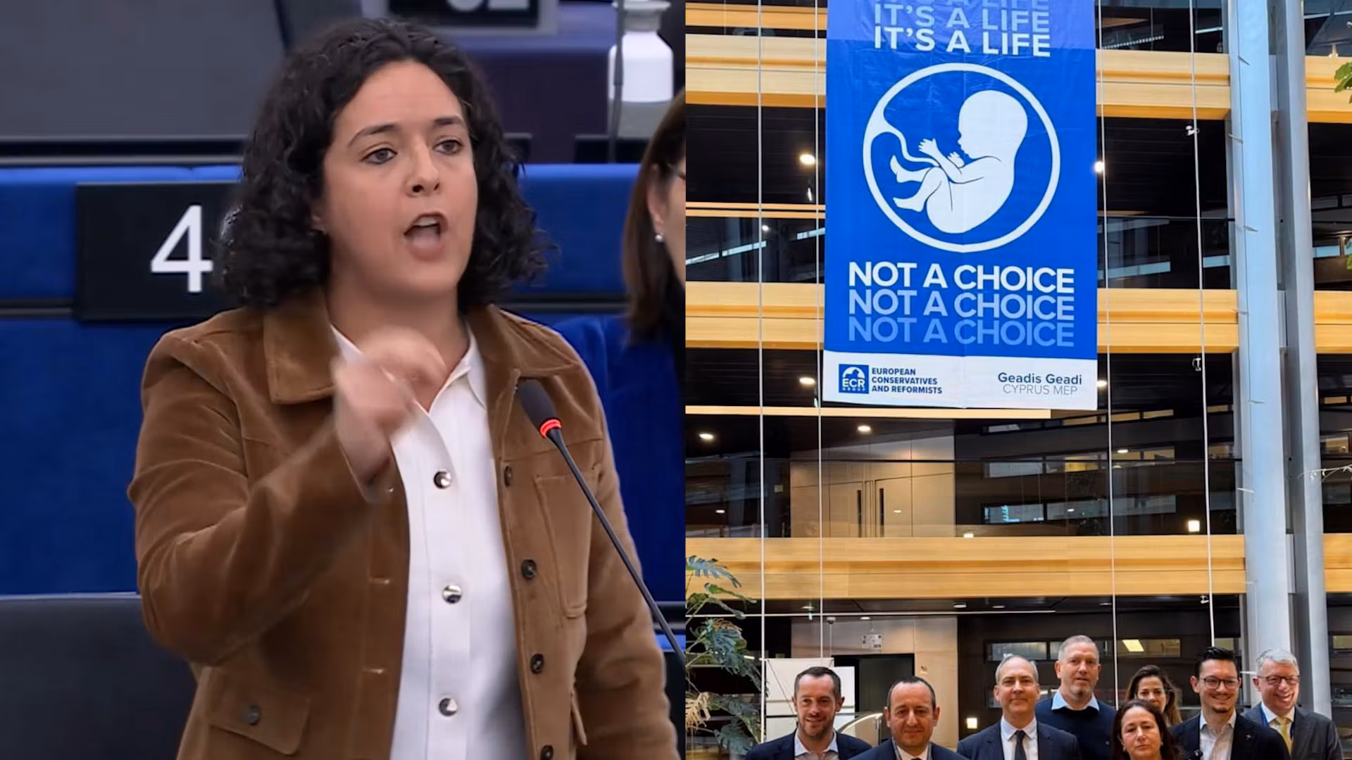Desplegada en el Parlamento Europeo, una pancarta anti-IVG hace gritar