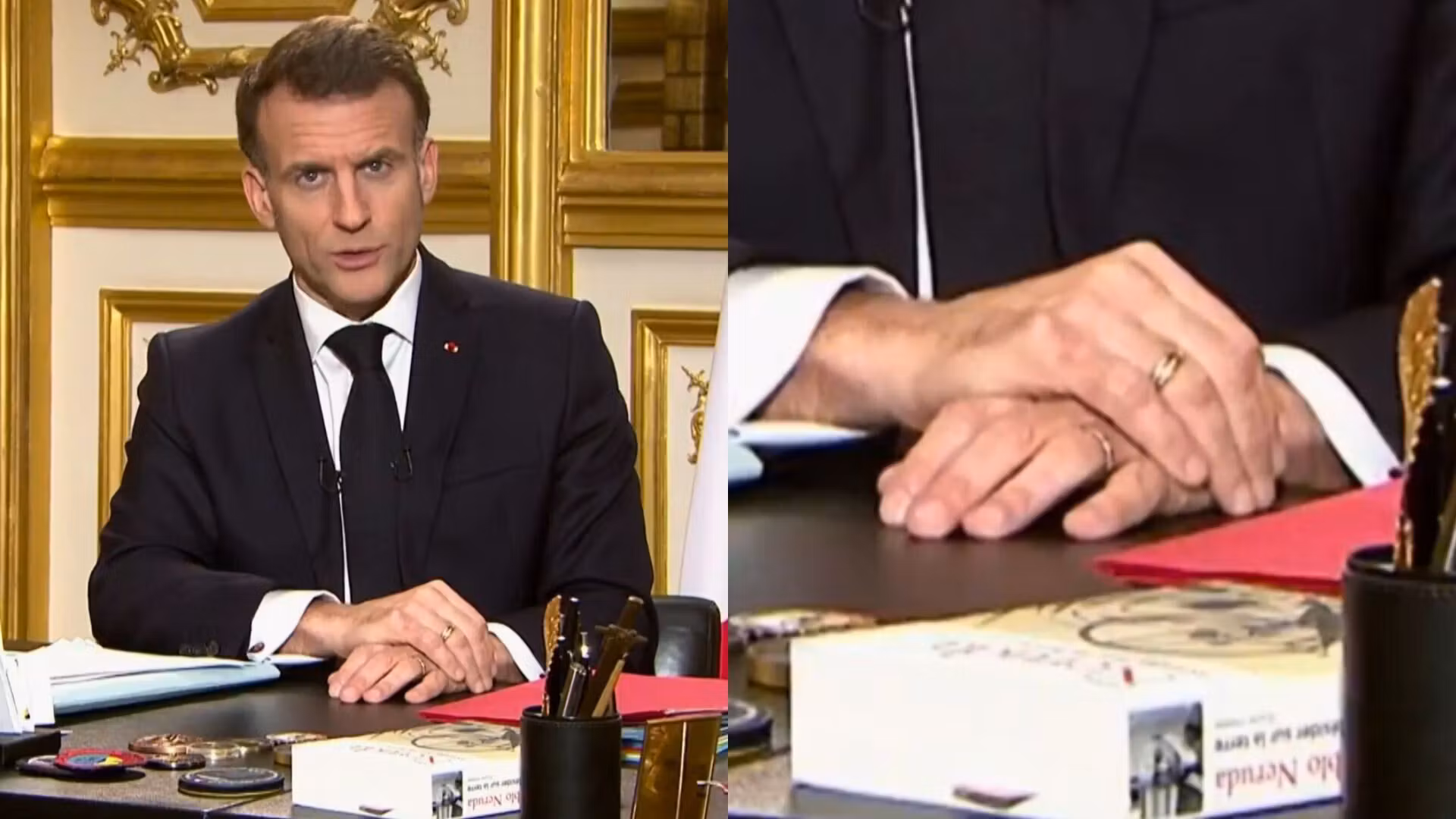 Este detalle sobre el escritorio de Macron durante su discurso