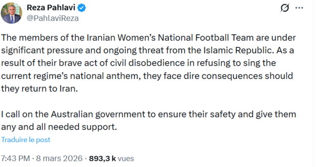 Irán: Reza Pahlavi pide a Australia que proteja al equipo